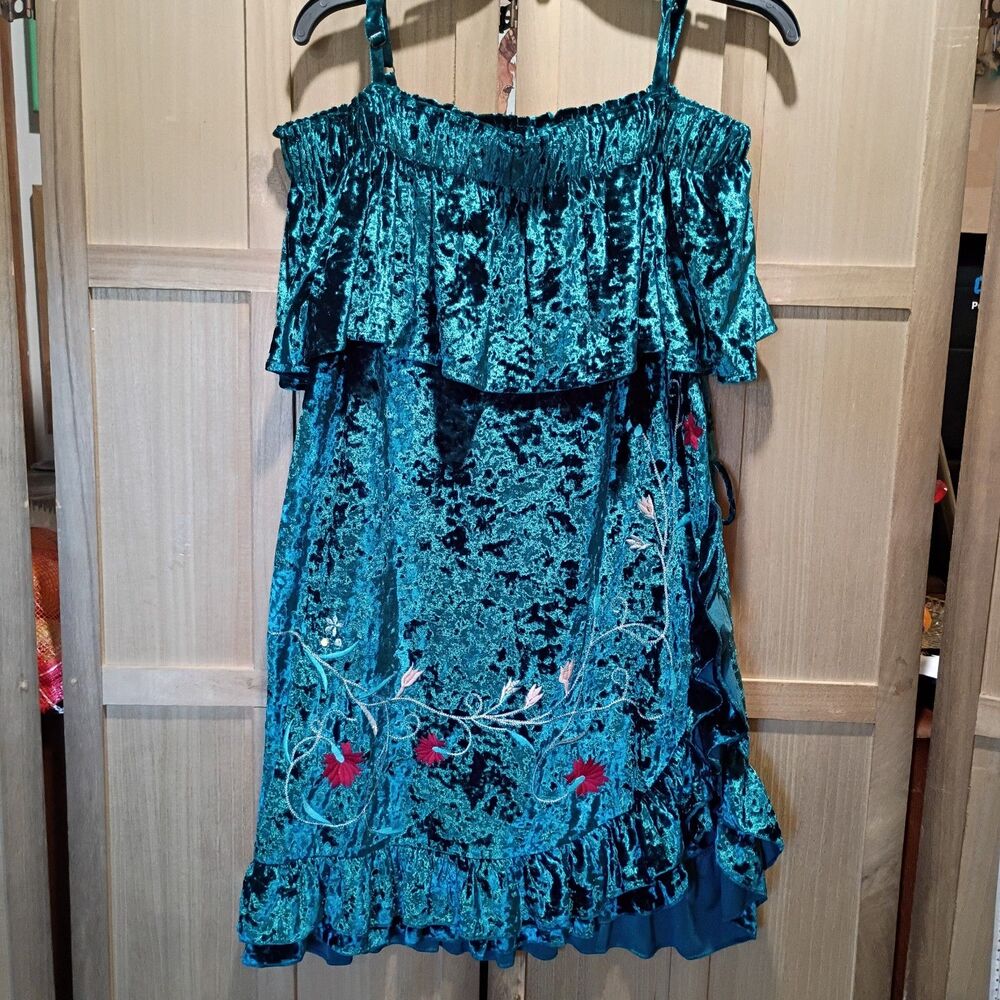 Umgee teal turquoise small embroidered ruffles cold shoulder dress